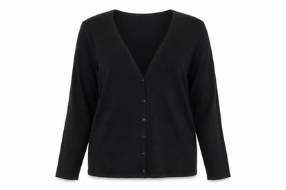 Front view of Preworn women’s black v-neck cardigan jumper, size M