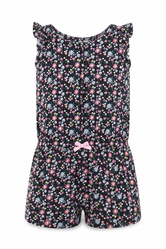 Lilly & Dan Girls Black Floral Cotton Shorts One-Piece Size 5-6 Years   - Pink Blue Yellow Flowers