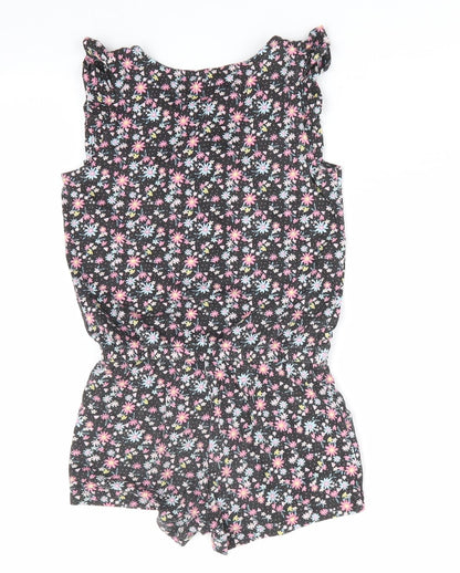 Lilly & Dan Girls Black Floral Cotton Shorts One-Piece Size 5-6 Years   - Pink Blue Yellow Flowers