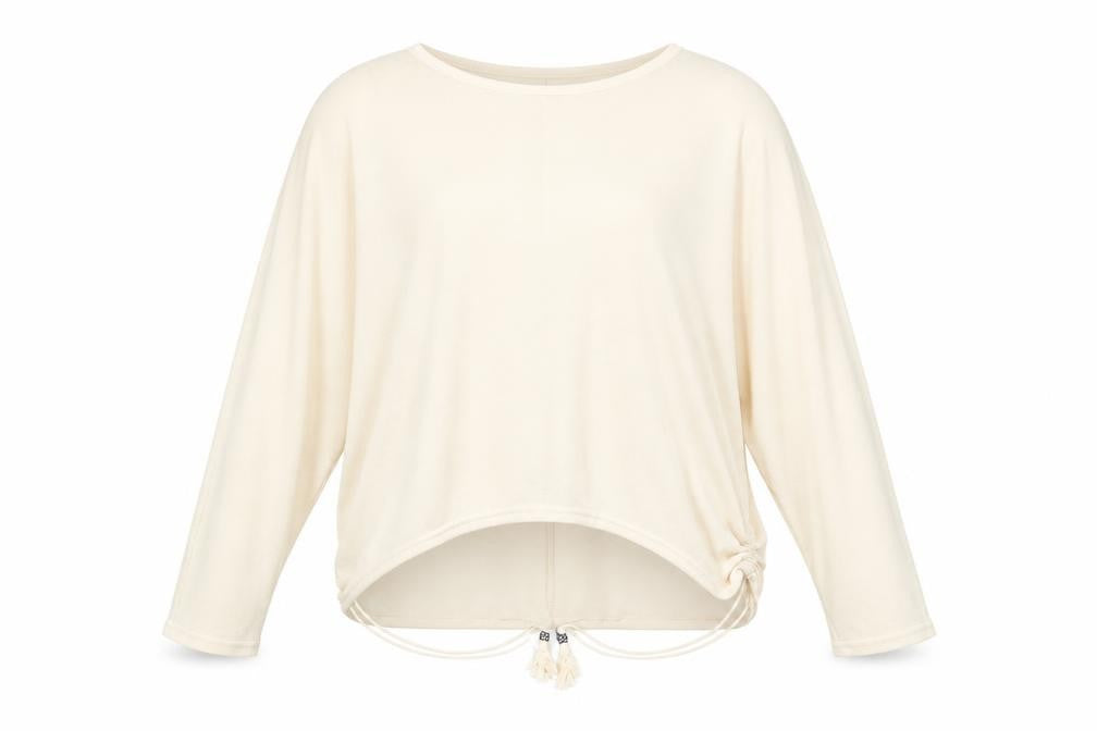 Front view of QED London women’s beige crew neck viscose jumper, size L