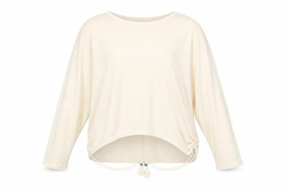 Front view of QED London women’s beige crew neck viscose jumper, size L