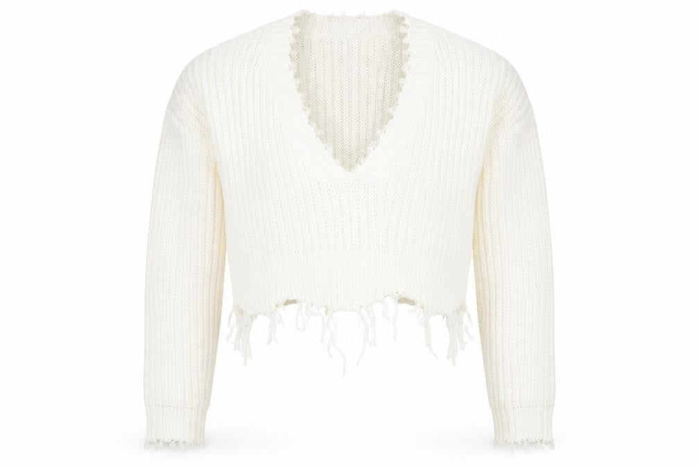 Front view of PRETTYLITTLETHING women’s white v-neck acrylic jumper, size S