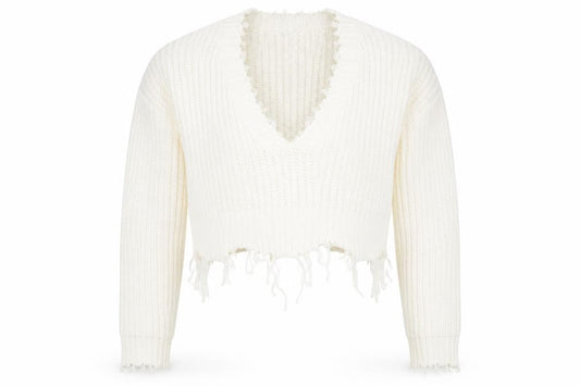 Front view of PRETTYLITTLETHING women’s white v-neck acrylic jumper, size S