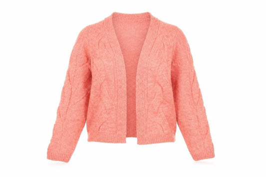 Front view of Marks & Spencer women’s pink v-neck acrylic cardigan jumper, size M