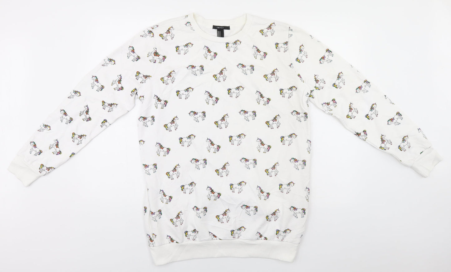 FOREVER 21 Womens White Round Neck Animal Print Cotton Pullover Jumper Size M   - Unicorns