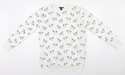 FOREVER 21 Womens White Round Neck Animal Print Cotton Pullover Jumper Size M   - Unicorns
