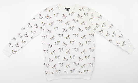 FOREVER 21 Womens White Round Neck Animal Print Cotton Pullover Jumper Size M   - Unicorns