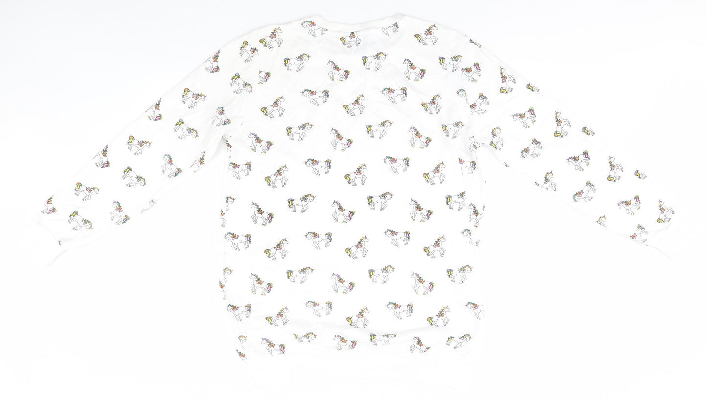 FOREVER 21 Womens White Round Neck Animal Print Cotton Pullover Jumper Size M   - Unicorns