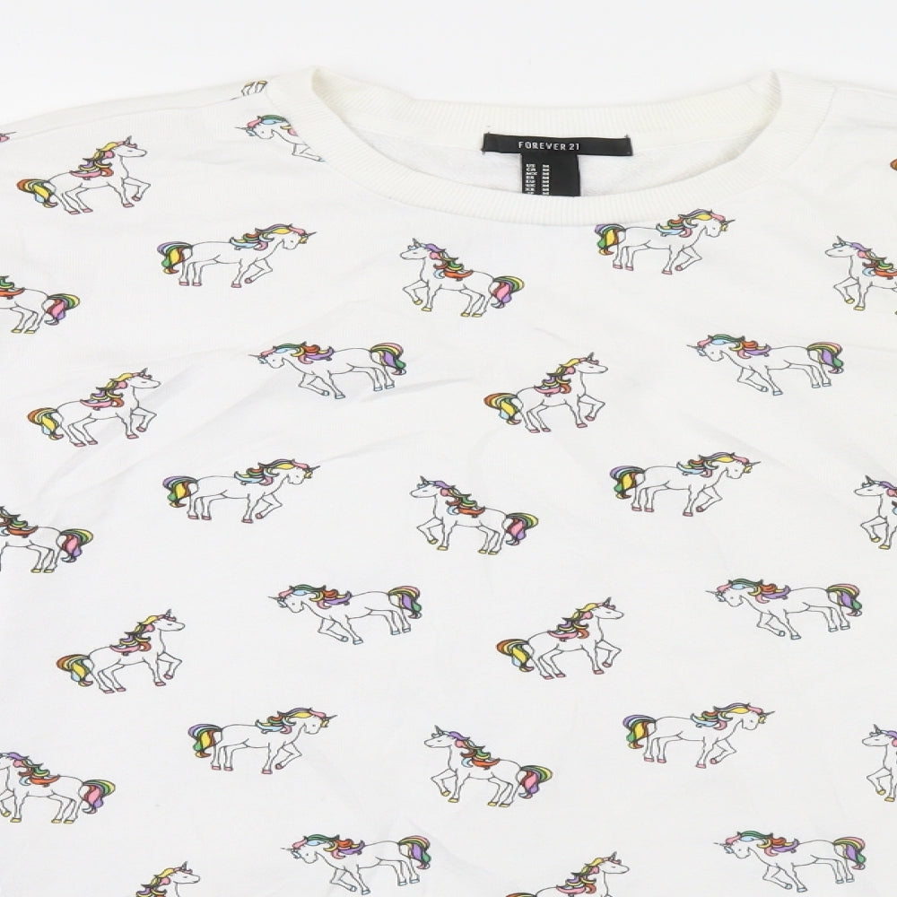 FOREVER 21 Womens White Round Neck Animal Print Cotton Pullover Jumper Size M   - Unicorns