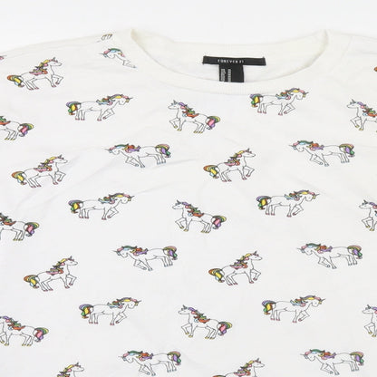 FOREVER 21 Womens White Round Neck Animal Print Cotton Pullover Jumper Size M   - Unicorns