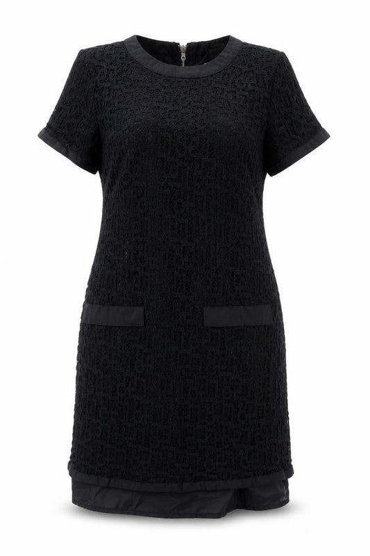 Front view of Peacocks women’s black cotton pencil dress, size UK 10, round neck