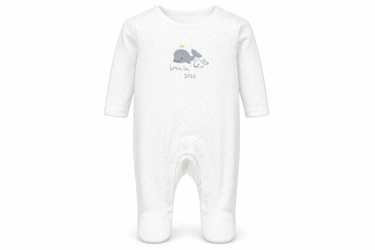 Front view of Marks & Spencer Baby White Polka Dot Cotton Babygrow One-Piece Size Newborn - BORN IN 2022