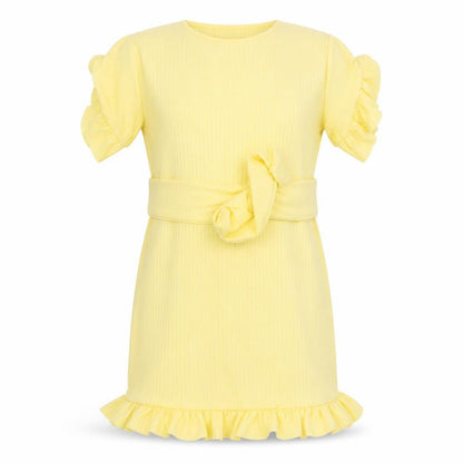 Front view of I SAW IT FIRST women’s yellow striped polyester a-line, size UK 8, round neck
