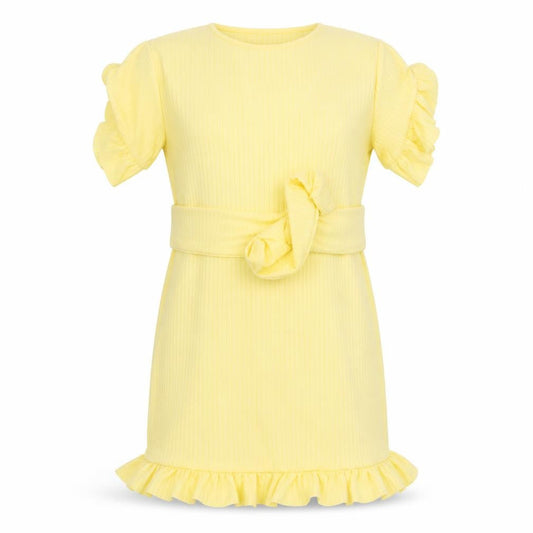 Front view of I SAW IT FIRST women’s yellow striped polyester a-line, size UK 8, round neck