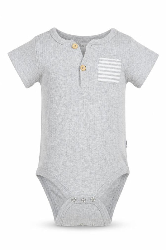 Front view of RABBIT BEAR Baby Grey Striped Cotton Babygrow One-Piece, size 6-9, Months