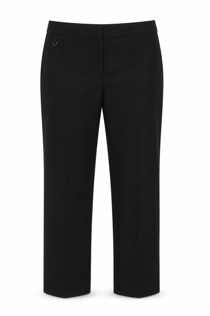 Front view of Preworn women’s grey striped polyester dress pants trousers, size UK 14, 31-inch leg regular