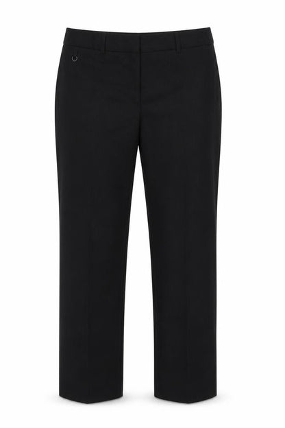 Front view of Preworn women’s grey striped polyester dress pants trousers, size UK 14, 31-inch leg regular