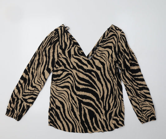 F&F Womens Brown Animal Print Viscose Basic Blouse Size 10 V-Neck