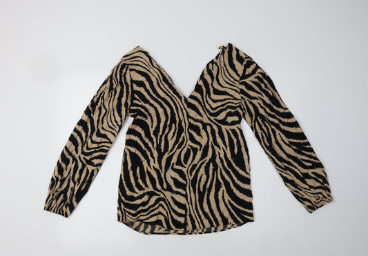 F&F Womens Brown Animal Print Viscose Basic Blouse Size 10 V-Neck
