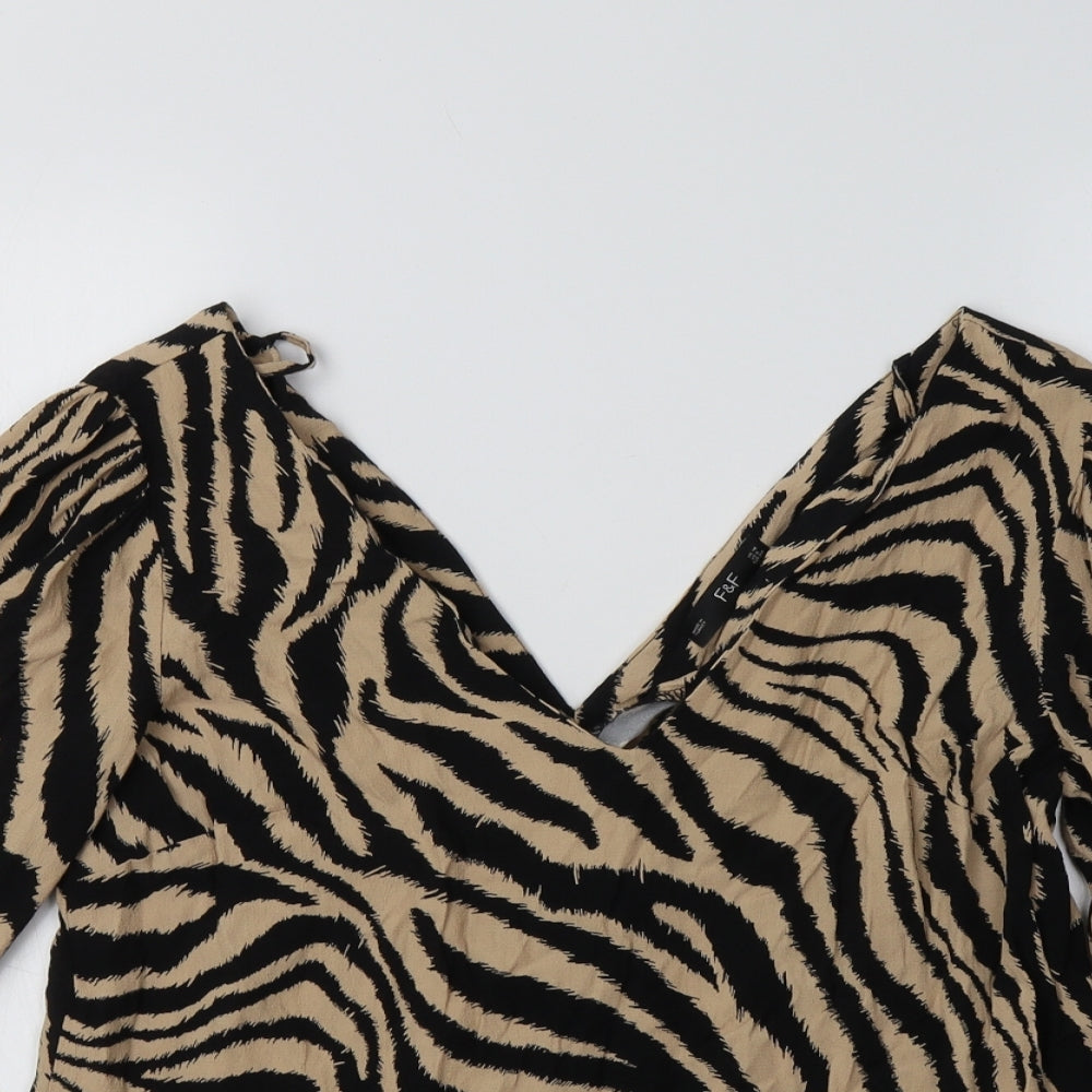 F&F Womens Brown Animal Print Viscose Basic Blouse Size 10 V-Neck