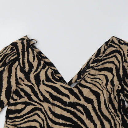 F&F Womens Brown Animal Print Viscose Basic Blouse Size 10 V-Neck