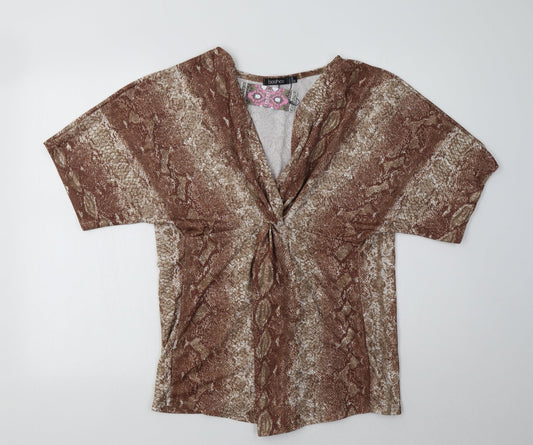 Boohoo Womens Brown Animal Print Polyester Basic Blouse Size 16 V-Neck