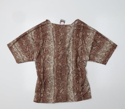 Boohoo Womens Brown Animal Print Polyester Basic Blouse Size 16 V-Neck