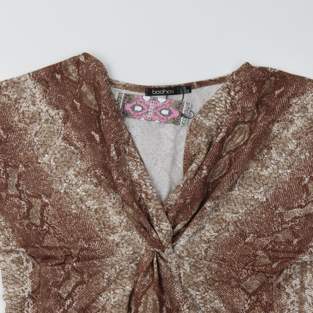 Boohoo Womens Brown Animal Print Polyester Basic Blouse Size 16 V-Neck