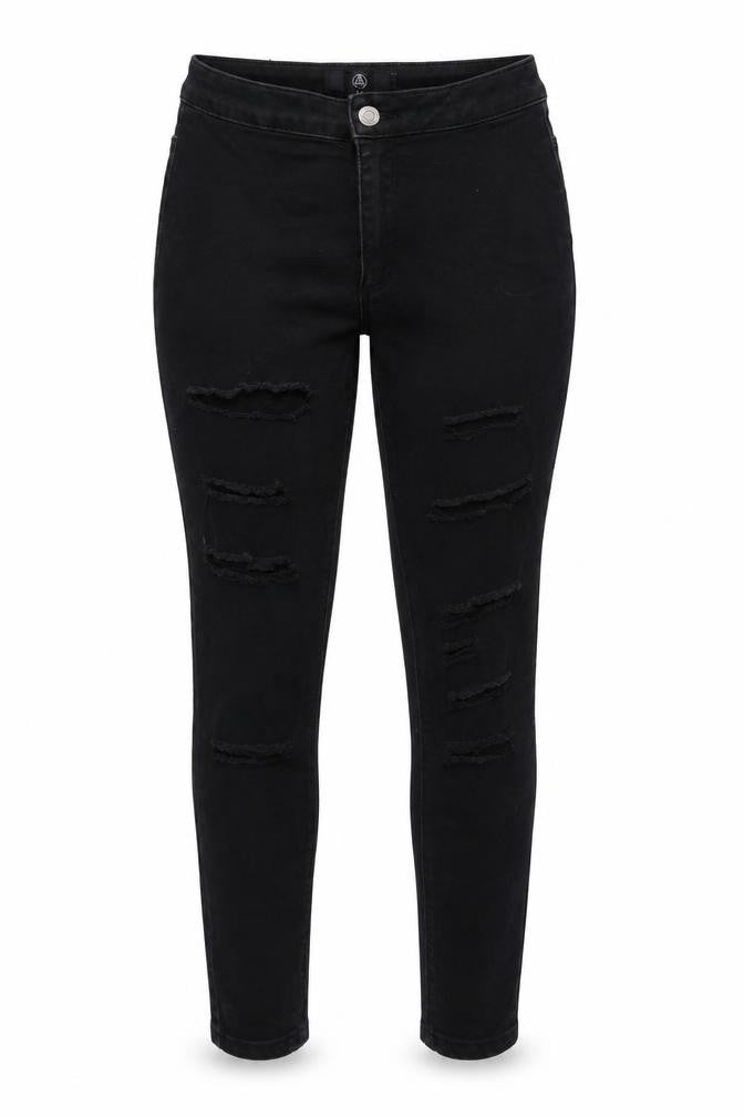 Front view of Missguided women’s black cotton skinny jeans, size UK 8, 26-inch leg regular