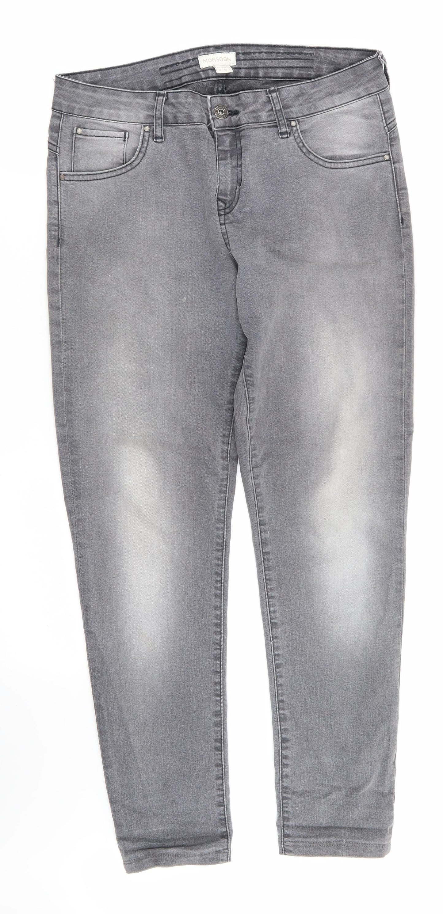Monsoon Womens Grey Floral Cotton Straight Jeans Size 12 L27 in Regular  - Embroidered back pockets
