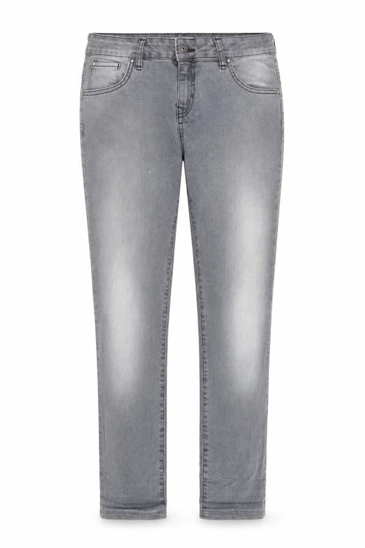 Front view of Monsoon women’s grey floral cotton straight jeans, size UK 12, 27-inch leg regular - embroidered back pockets