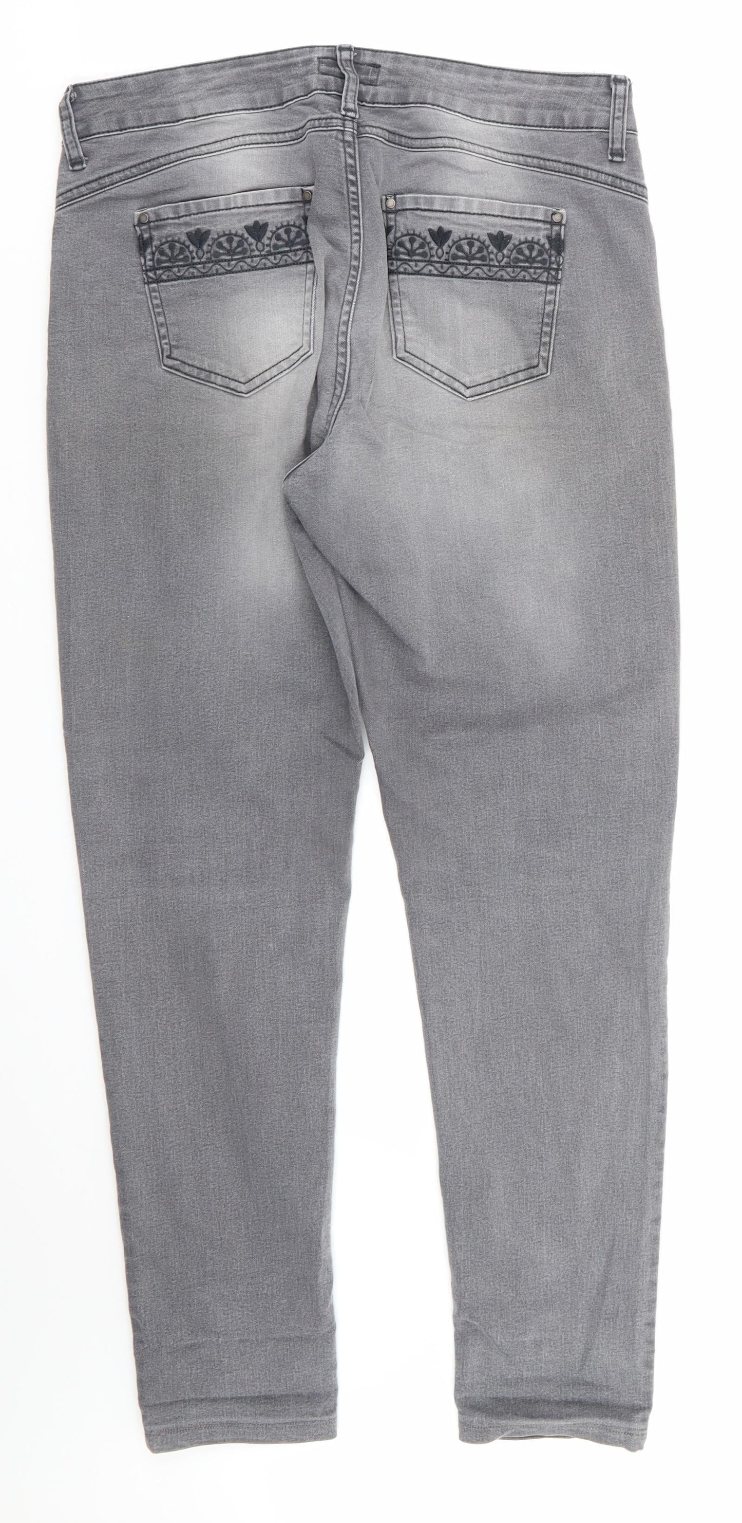 Monsoon Womens Grey Floral Cotton Straight Jeans Size 12 L27 in Regular  - Embroidered back pockets