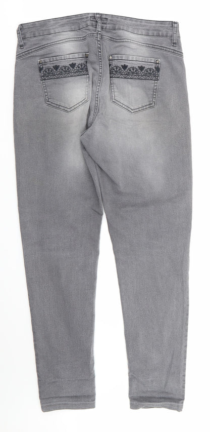 Monsoon Womens Grey Floral Cotton Straight Jeans Size 12 L27 in Regular  - Embroidered back pockets