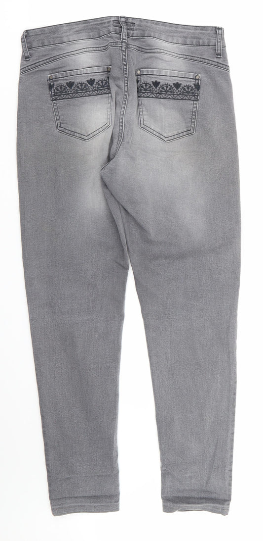 Monsoon Womens Grey Floral Cotton Straight Jeans Size 12 L27 in Regular  - Embroidered back pockets