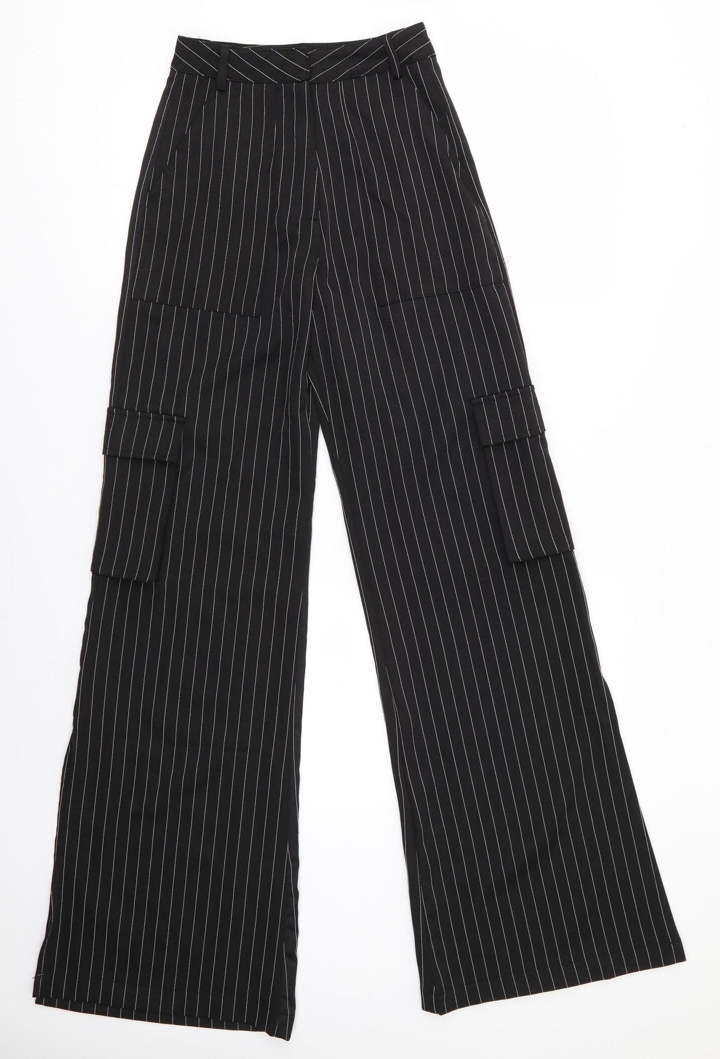 Pretty Little Thing  Womens Black Striped Polyester Trousers  Size 4 L32 in Regular  - White Stripe Wide Legged Cargo Pockets Vented Outer Sides to knee/calf
