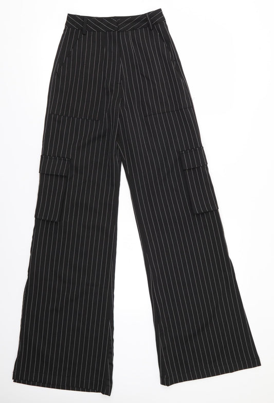 Pretty Little Thing  Womens Black Striped Polyester Trousers  Size 4 L32 in Regular  - White Stripe Wide Legged Cargo Pockets Vented Outer Sides to knee/calf