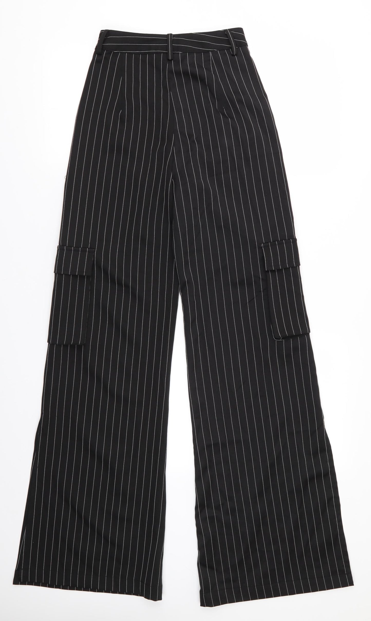 Pretty Little Thing  Womens Black Striped Polyester Trousers  Size 4 L32 in Regular  - White Stripe Wide Legged Cargo Pockets Vented Outer Sides to knee/calf