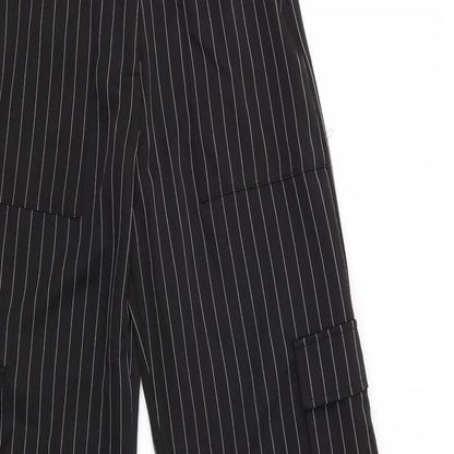 Pretty Little Thing  Womens Black Striped Polyester Trousers  Size 4 L32 in Regular  - White Stripe Wide Legged Cargo Pockets Vented Outer Sides to knee/calf