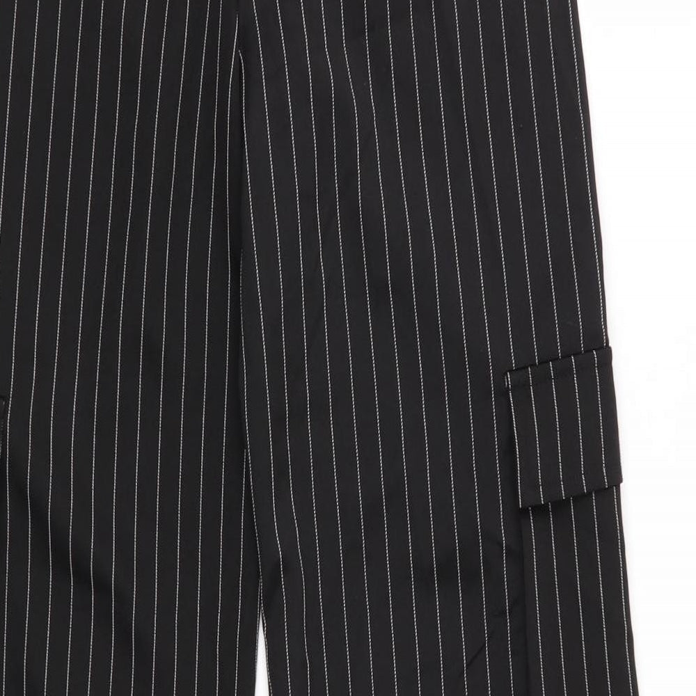 Pretty Little Thing  Womens Black Striped Polyester Trousers  Size 4 L32 in Regular  - White Stripe Wide Legged Cargo Pockets Vented Outer Sides to knee/calf