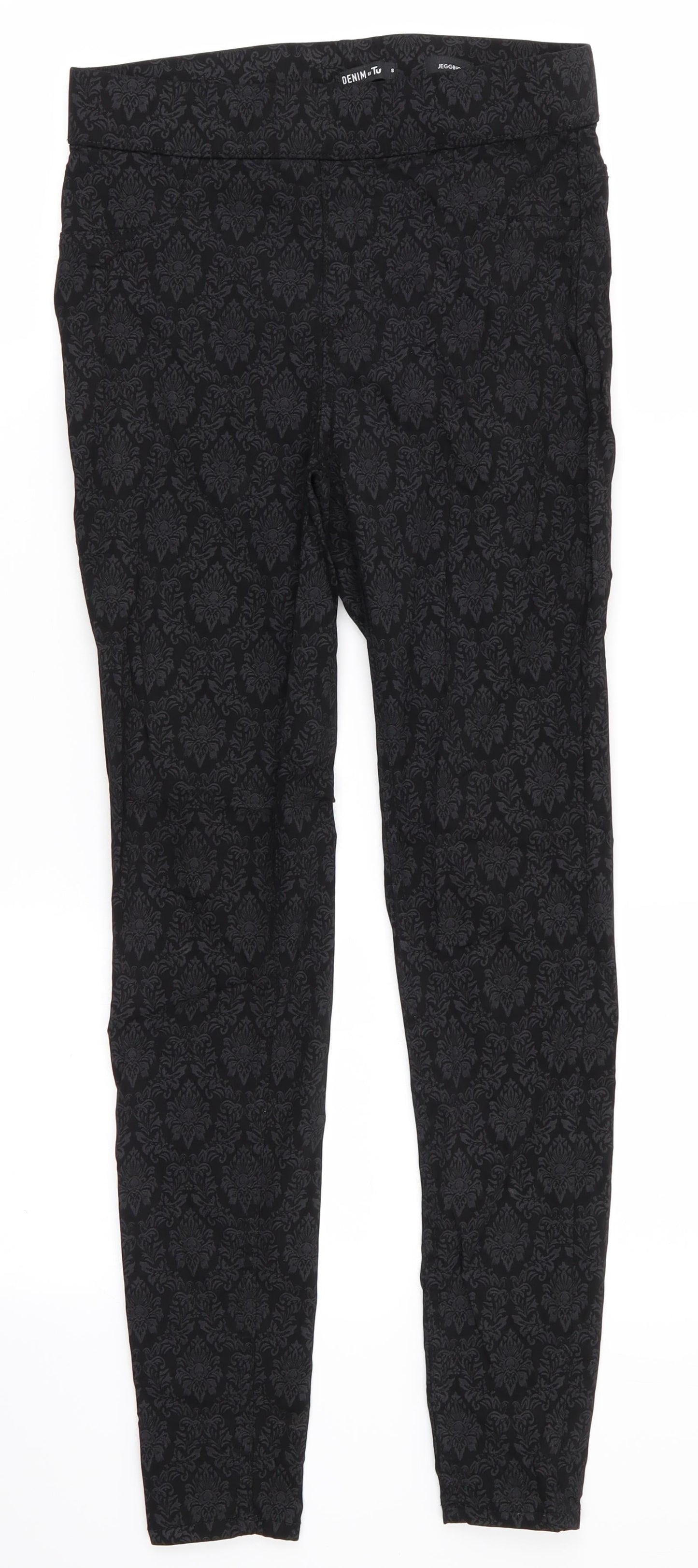TU Womens Black Floral Viscose Jegging Jeans Size 8 L27 in Regular  - Embossed black grey pattern