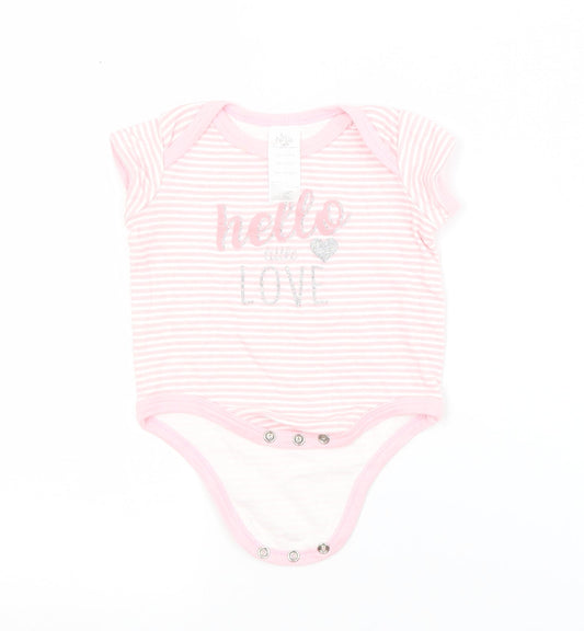 Front view of Preworn Baby Pink Striped Cotton Babygrow One-Piece, size 3-6, Months