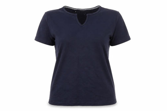 Front view of Bonmarché women’s blue cotton basic t-shirt, size S, v-neck