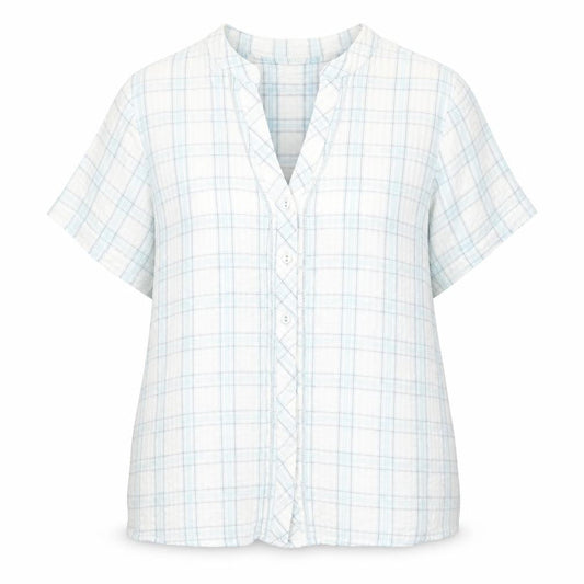 Front view of Bonmarché women’s multicoloured check cotton basic button-up, size UK 16, collared
