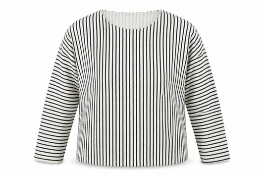 Front view of Marks & Spencer women’s white crew neck striped cotton jumper, size UK 16