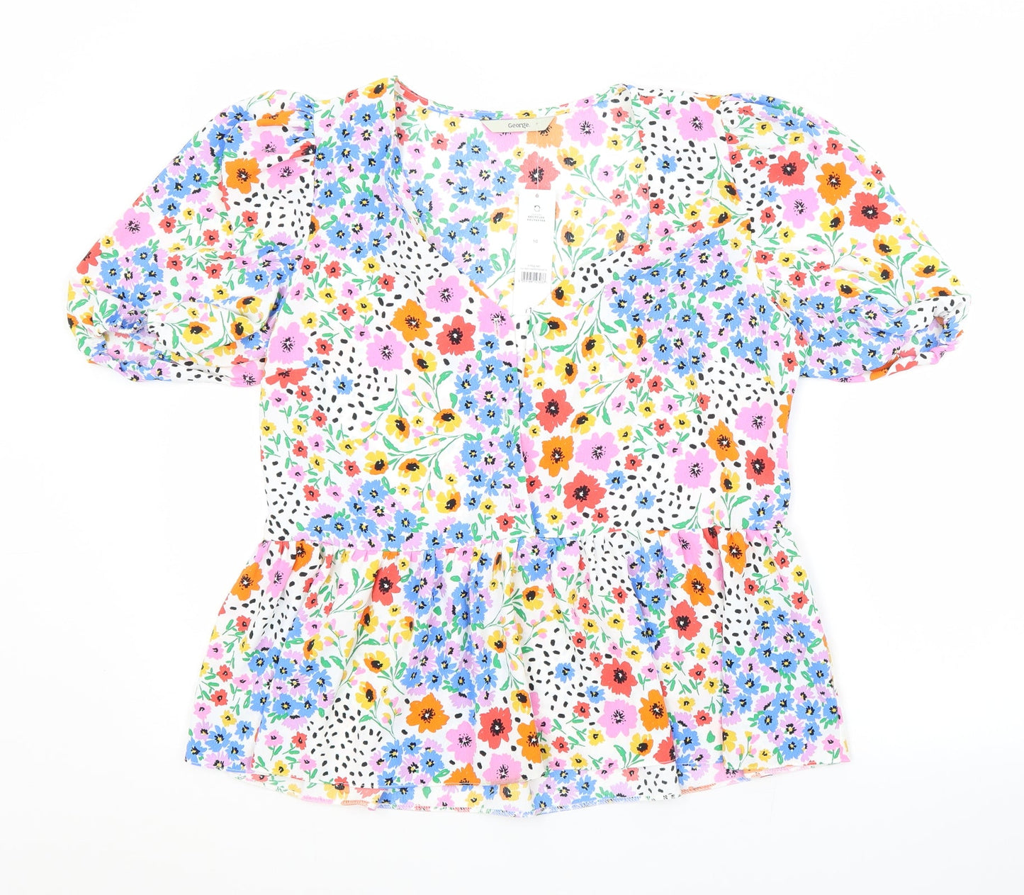 George Womens White Floral Polyester Basic Blouse Size 10 V-Neck