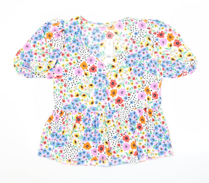 George Womens White Floral Polyester Basic Blouse Size 10 V-Neck