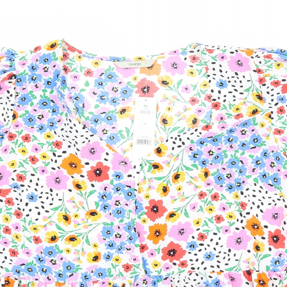 George Womens White Floral Polyester Basic Blouse Size 10 V-Neck