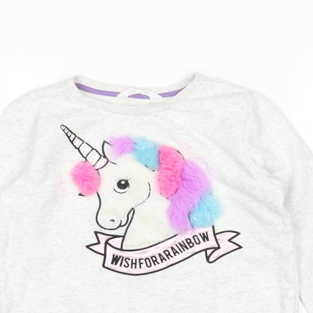 H&M Girls Grey  Cotton Pullover Sweatshirt Size 11-12 Years   - Unicorn
