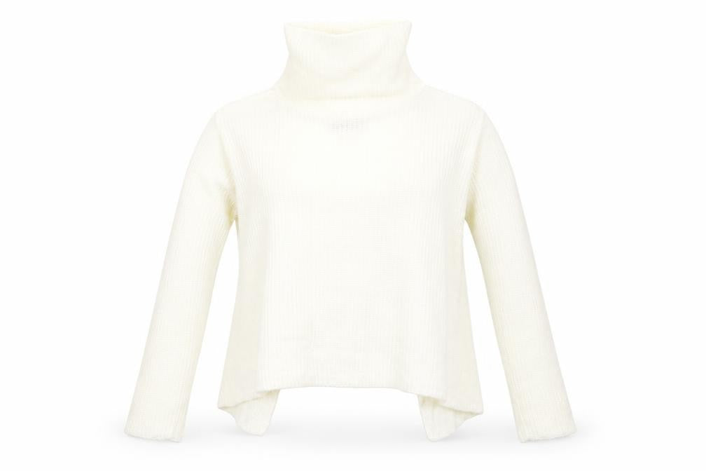Front view of I SAW IT FIRST women’s yellow striped acrylic basic t-shirt, size S, roll neck