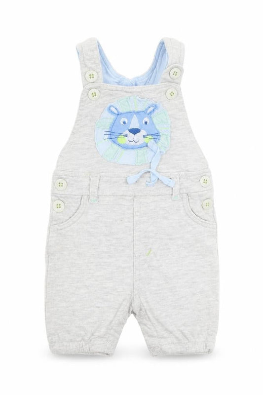 Front view of F&F Baby Grey Cotton Dungaree One-Piece, size 3-6, Months - LION